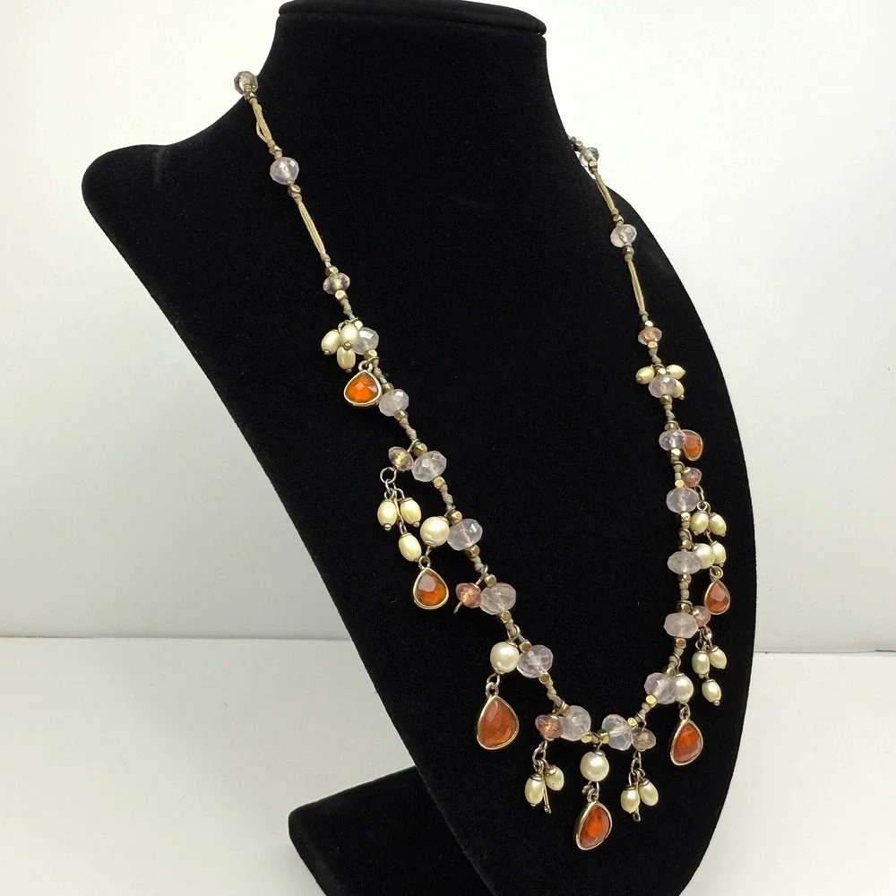 VTG Monet Faux Pearls Acrylic Beaded Necklace Dangle Gold Tone Accents Jewelry
